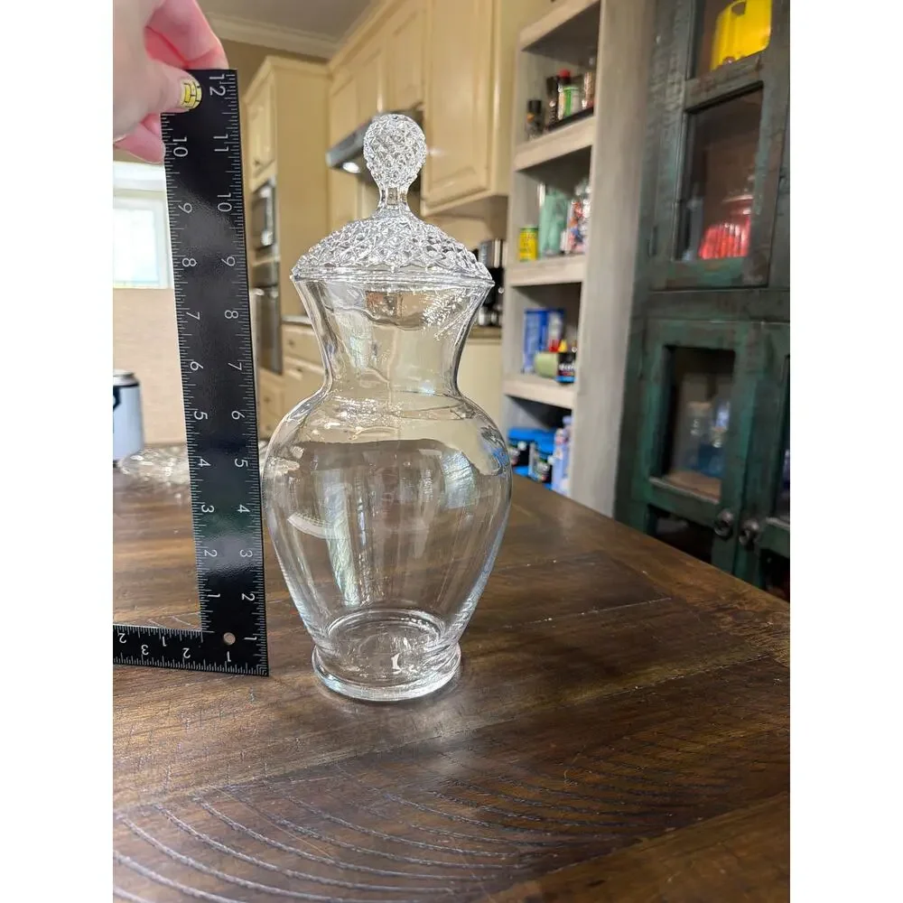 Vintage Clear Crystal Glass Large Covered Jar Diamond Point Lid Ball Finial